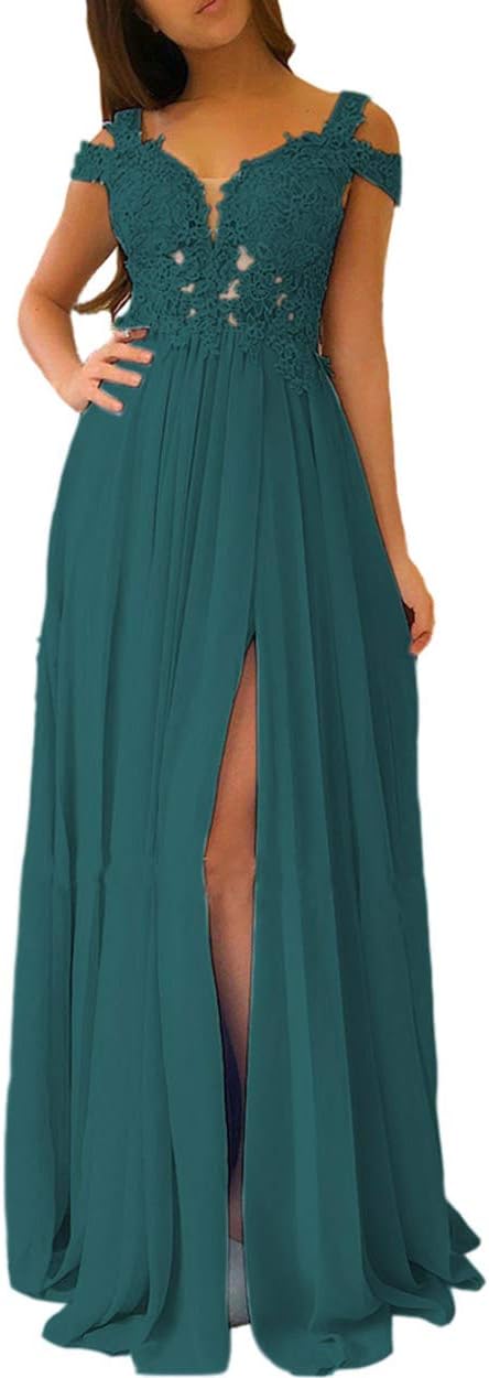 Women's Lace Appliques Prom Dresses Long with Slit Cold Shoulder Formal Party Gown