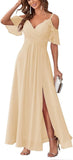Women's Cold Shoulder Bridesmaid Dresses Long Summer Side Slit Chiffon Formal Evening Gown with Pockets