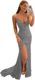 Women's Spaghetti Straps Sequin Prom Dresses Mermaid Sleeveless Double V-Neck Sparkle Evening Dress with Slit