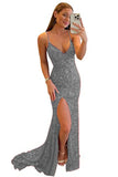 Women's Spaghetti Straps Sequin Prom Dresses Mermaid Sleeveless Double V-Neck Sparkle Evening Dress with Slit