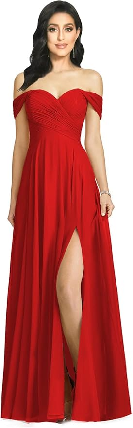 Off Shoulder Bridesmaid Dresses for Women Long Pleat Chiffon Aline Formal Evening Dress with Slit