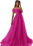 Off The Shoulder Tulle Prom Dresses 2027 Lace Applique A Line Long Sparkly Formal Evening Party Gowns