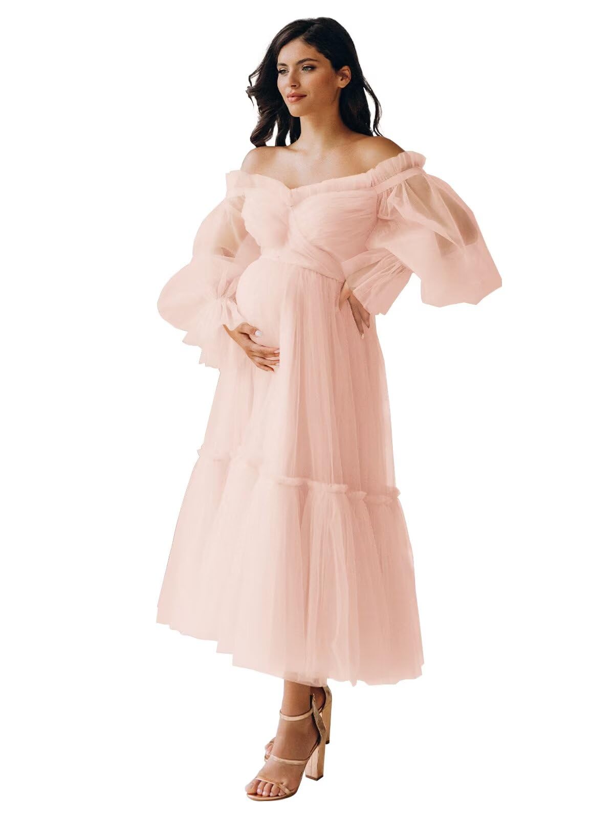 Eightale Tulle Tea Length Maternity Dresses for Photo Shoot Long Sleeve Pregnancy Gown for Baby Shower