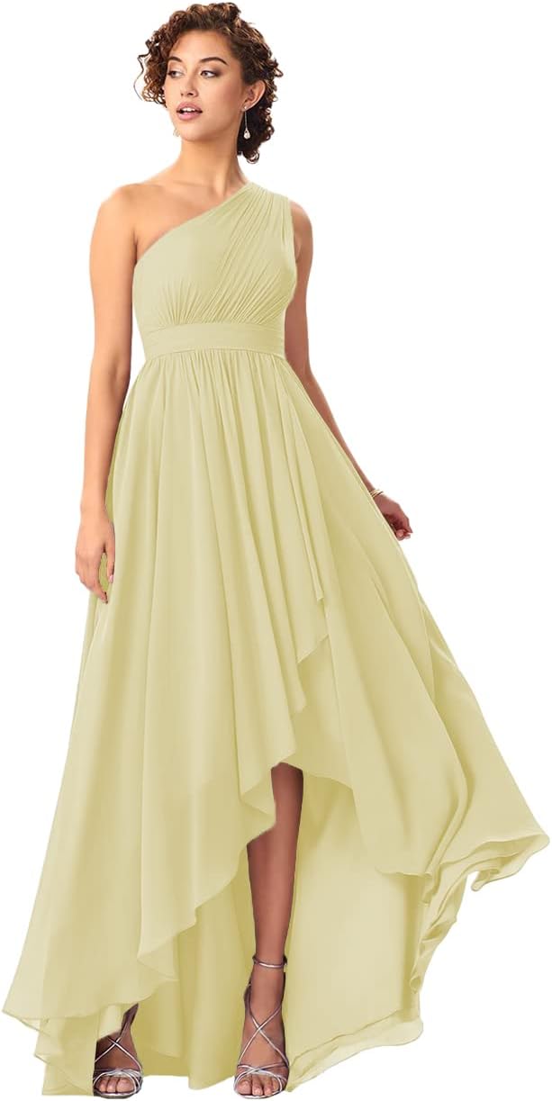Women's One Shoulder Bridesmaid Dresses High Low Chiffon Formal Party Gowns with Pockets