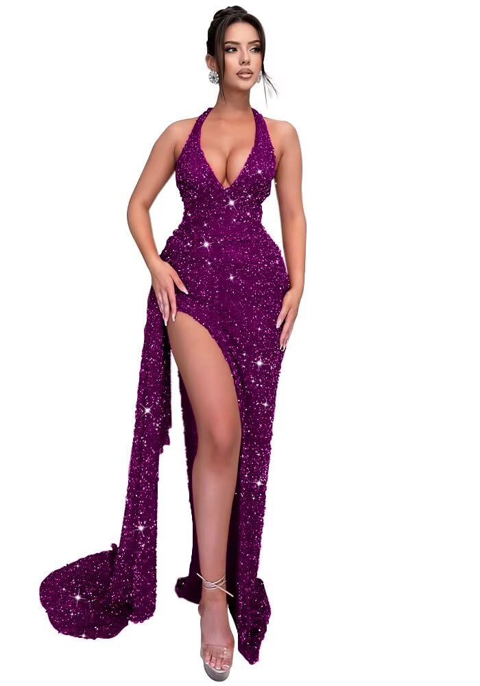 Sparkly Sequin Halter Prom Dresses for Women Mermaid Formal Dress with Slit Backless Ruched Evening Party Gowns