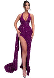 Sparkly Sequin Halter Prom Dresses for Women Mermaid Formal Dress with Slit Backless Ruched Evening Party Gowns