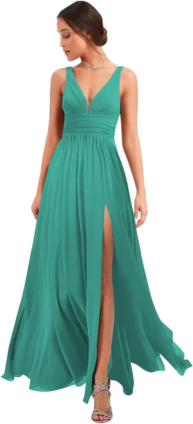 Women's Deep V Neck Bridesmaid Dresses with Slit Chiffon Pleats A Line Formal Party Dresses with Pockets