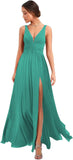 Women's Deep V Neck Bridesmaid Dresses with Slit Chiffon Pleats A Line Formal Party Dresses with Pockets
