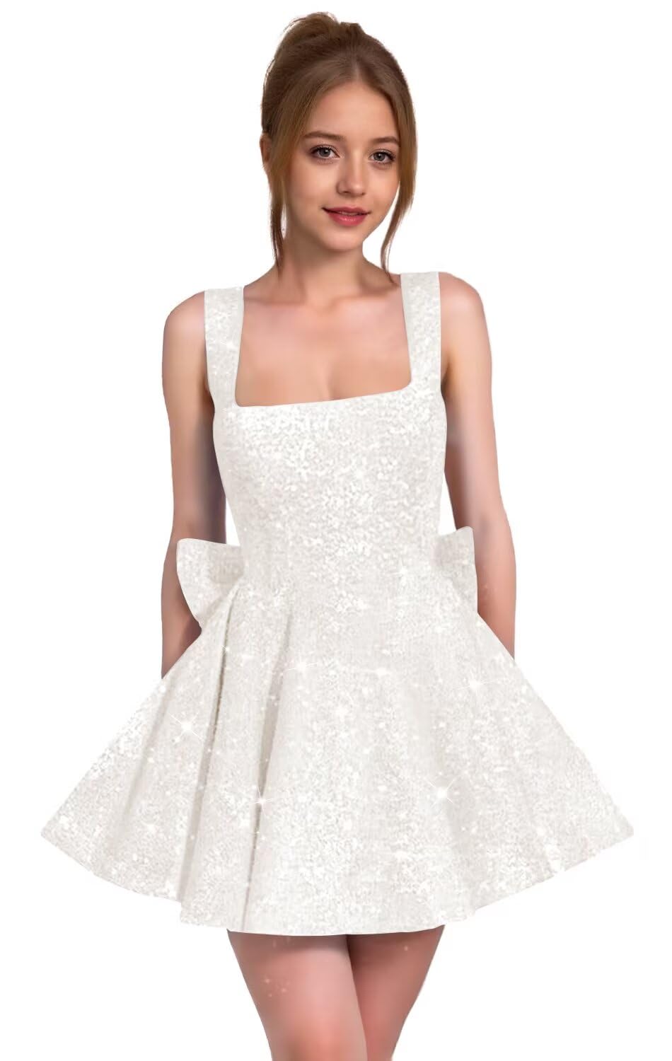 Sparkly Sequin Homecoming Dresses for Teens Short Prom Dress Square Neck Bow Formal Cocktail Gowns with Pockets
