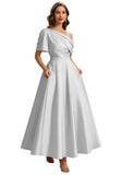 Kingbridal Satin Mother of The Bride Dresses for Women Tea Length Formal Dress One Shoulder Evening Party Gowns with Pockets