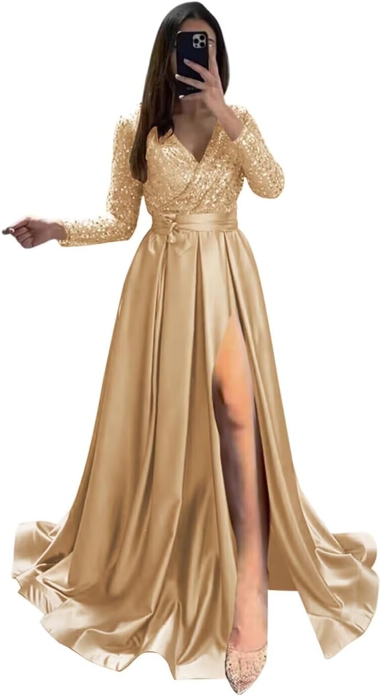 Long Sleeve Sequin Prom Dresses for Women 2027 Satin Formal Dress Sparkly Slit Evening Party Gown with Pocket
