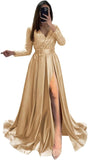 Long Sleeve Sequin Prom Dresses for Women 2027 Satin Formal Dress Sparkly Slit Evening Party Gown with Pocket