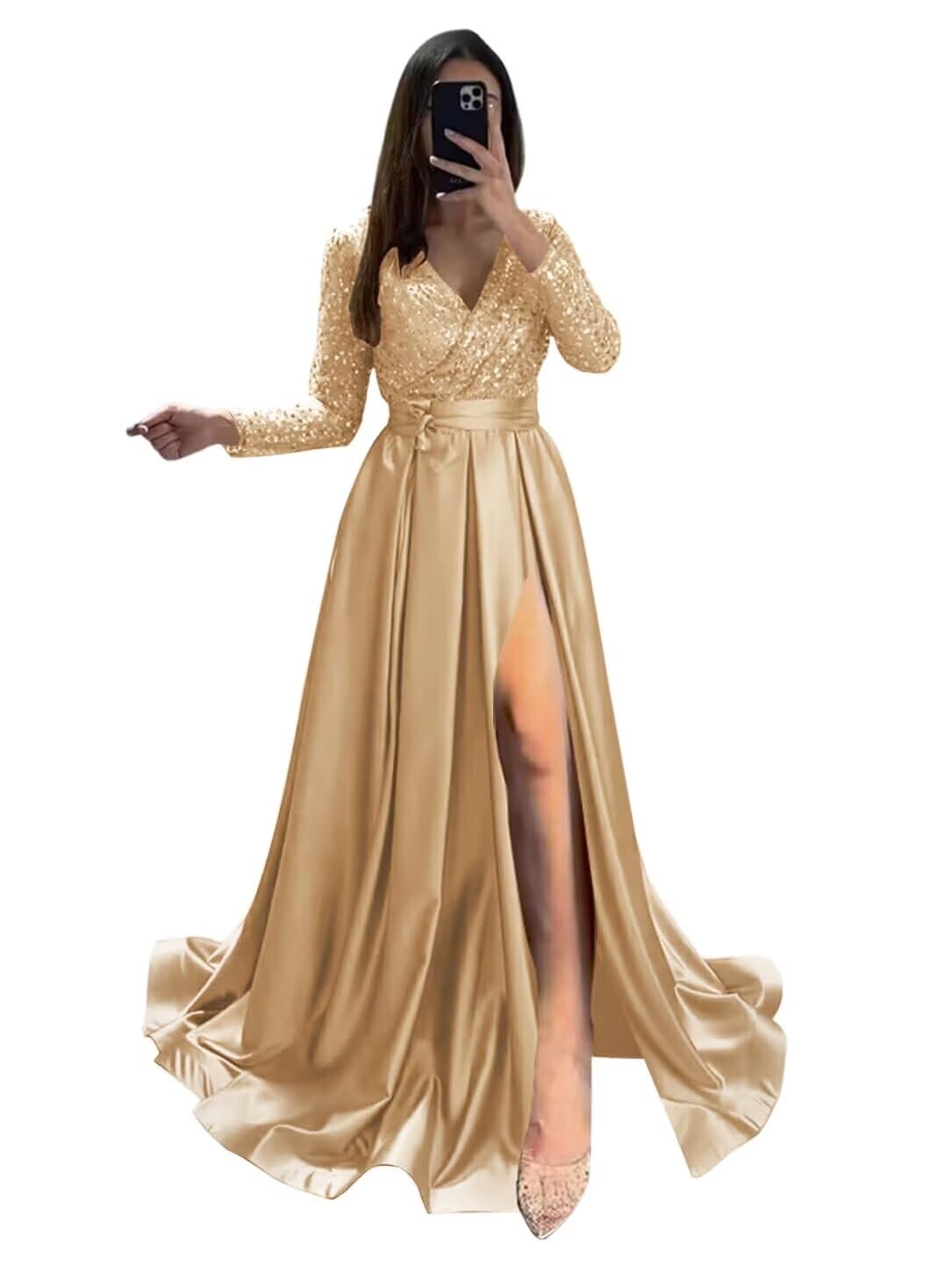 Long Sleeve Sequin Prom Dresses for Women 2027 Satin Formal Dress Sparkly Slit Evening Party Gown with Pocket