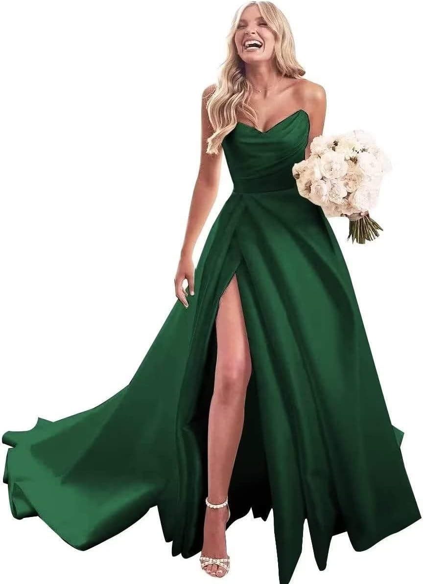 Trägerloses Ballkleid, langes Ballkleid, Satin-Brautkleid für die Braut, A-Linie, formelle Abendkleider mit Schlitz 