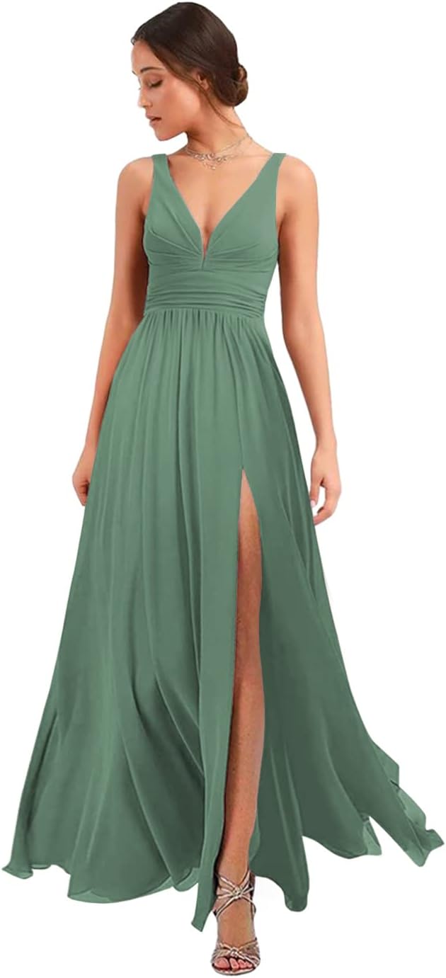 Women's Deep V Neck Bridesmaid Dresses with Slit Chiffon Pleats A Line Formal Party Dresses with Pockets