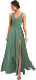 Women's Deep V Neck Bridesmaid Dresses with Slit Chiffon Pleats A Line Formal Party Dresses with Pockets