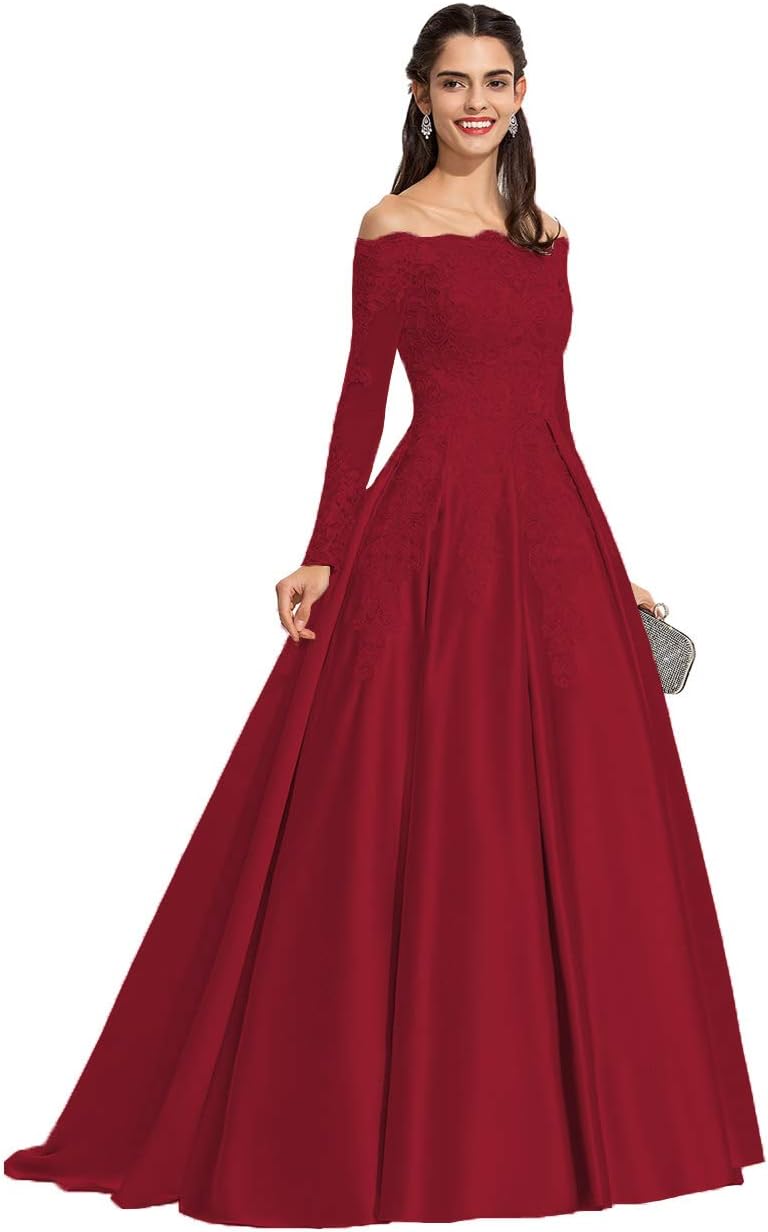 Vestidos de fiesta formales de satén con apliques de encaje y hombros descubiertos para mujer, con mangas largas