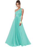 One Shoulder Bridesmaid Dresses for Women Chiffon A Line Pleated Long Formal Gowns with Pockets
