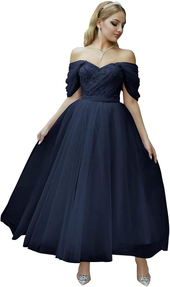 Tulle Tea Length Prom Dresses for Women Off The Shoulder Ball Gowns Teens Sweetheart Beaded Puffy Princess Dress