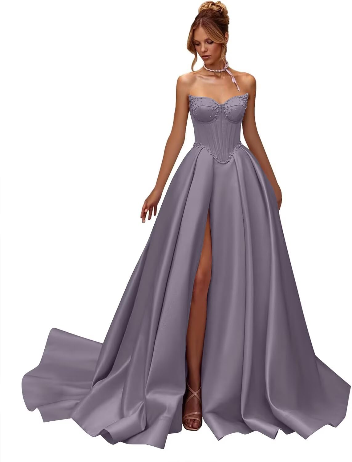 Kingbridal Gowns Strapless Prom Dresses for Women 2026 Long Satin A-line Formal Dress with Slit Beaded Corset Evening Party Gowns