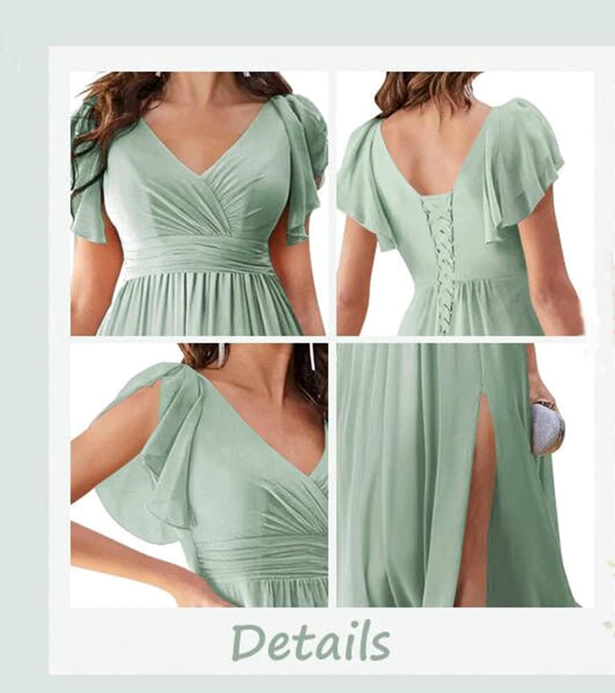 V Neck Flutter Sleeves Bridesmaid Dresses with Slit 2025 Chiffon Aline Pleats Formal Evening Gowns for Women