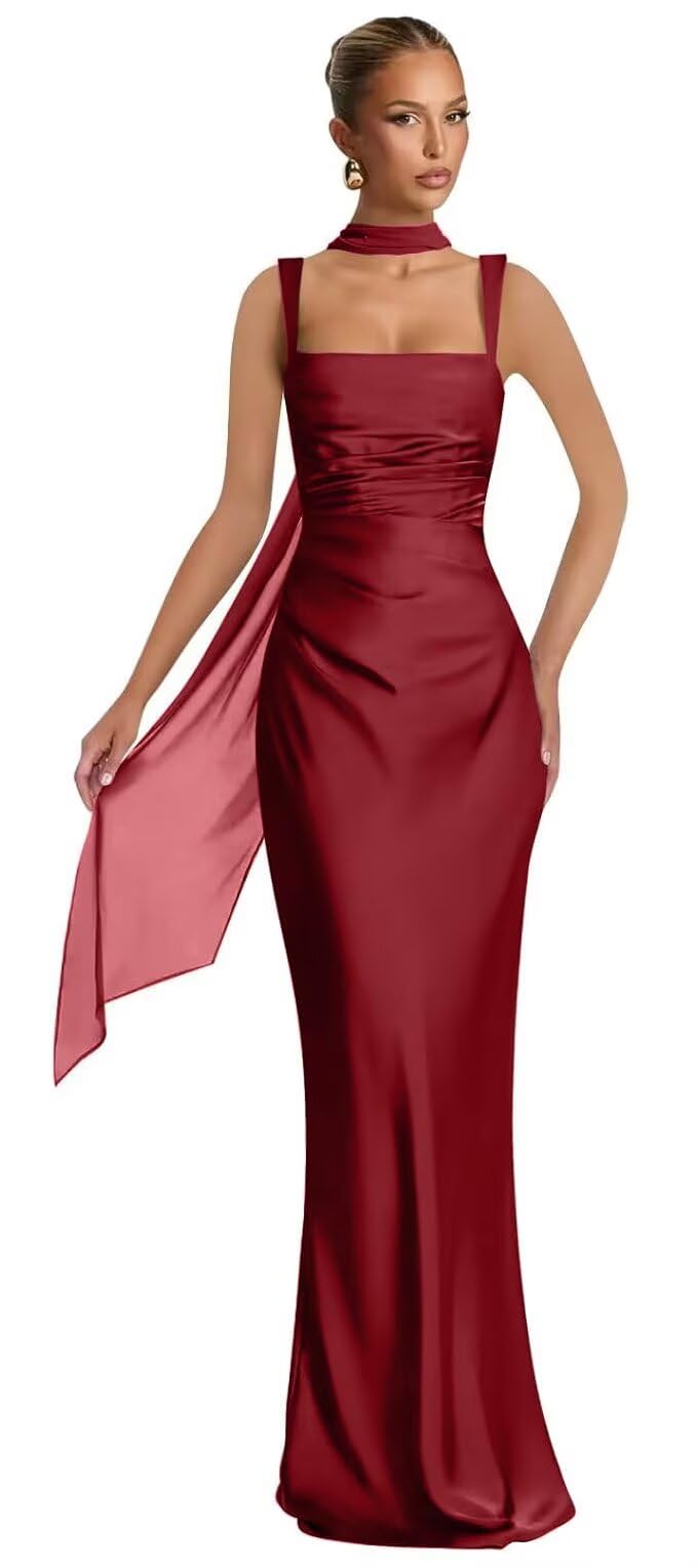 Mermaid Bridesmaid Dresses with Scarf 2027 Long Satin Spaghetti Straps Ruched Formal Evening Party Dress for Women