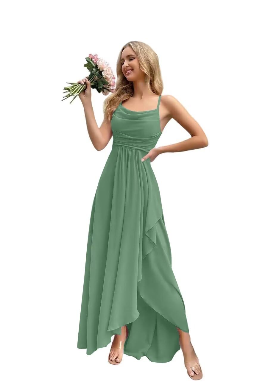 Spaghetti Strap Chiffon Bridesmaid Dresses for Women Long Ruched A-Line Cowl Neck Formal Evening Gowns with Slit