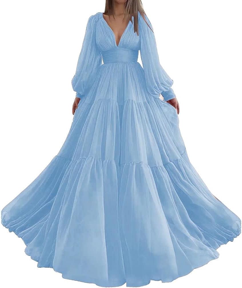Langes Ballkleid mit Puffärmeln, Tüll, Ballkleid für Damen, Brautkleider, V-Ausschnitt, formelle Abendkleider