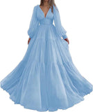 Langes Ballkleid mit Puffärmeln, Tüll, Ballkleid für Damen, Brautkleider, V-Ausschnitt, formelle Abendkleider