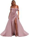 Vestidos de fiesta de satén con hombros descubiertos, corte sirena, fruncido, de noche formal, para mujer 