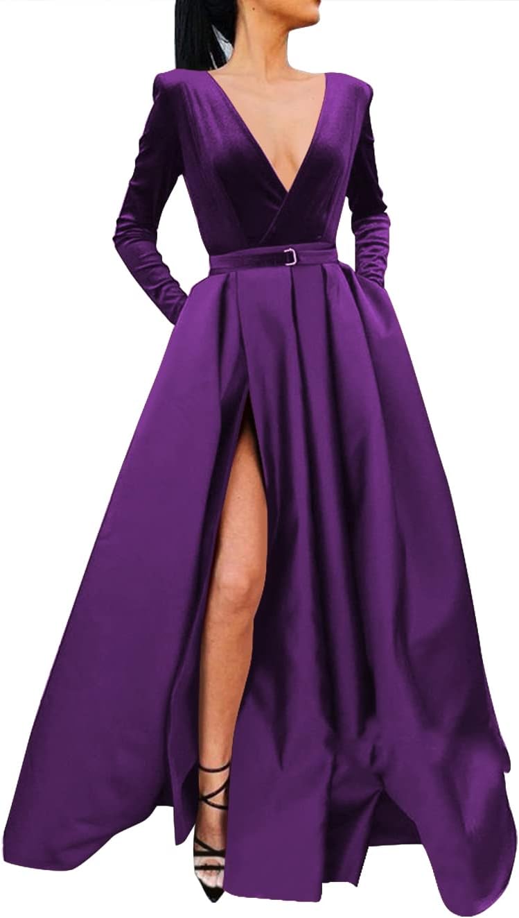 Vestido de fiesta de satén con lentejuelas brillantes para mujer, con bolsillos, manga larga y abertura. 
