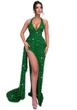 Sparkly Sequin Halter Prom Dresses for Women Mermaid Formal Dress with Slit Backless Ruched Evening Party Gowns