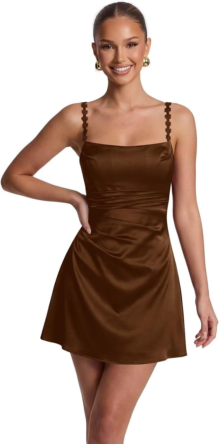 Satin Homecoming Dresses for Teens 2026 Spaghetti Straps Short Prom Dress A-line Pleated Cocktail Party Gowns