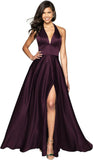 Womens Satin Prom Dresses Long with Slit Halter Evening Formal Gowns for Women with Pockets
