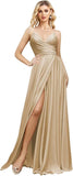V Neck Satin Bridesmaid Dresses Spaghetti Straps Prom Dress Slit Wedding Formal Evening Party Dress