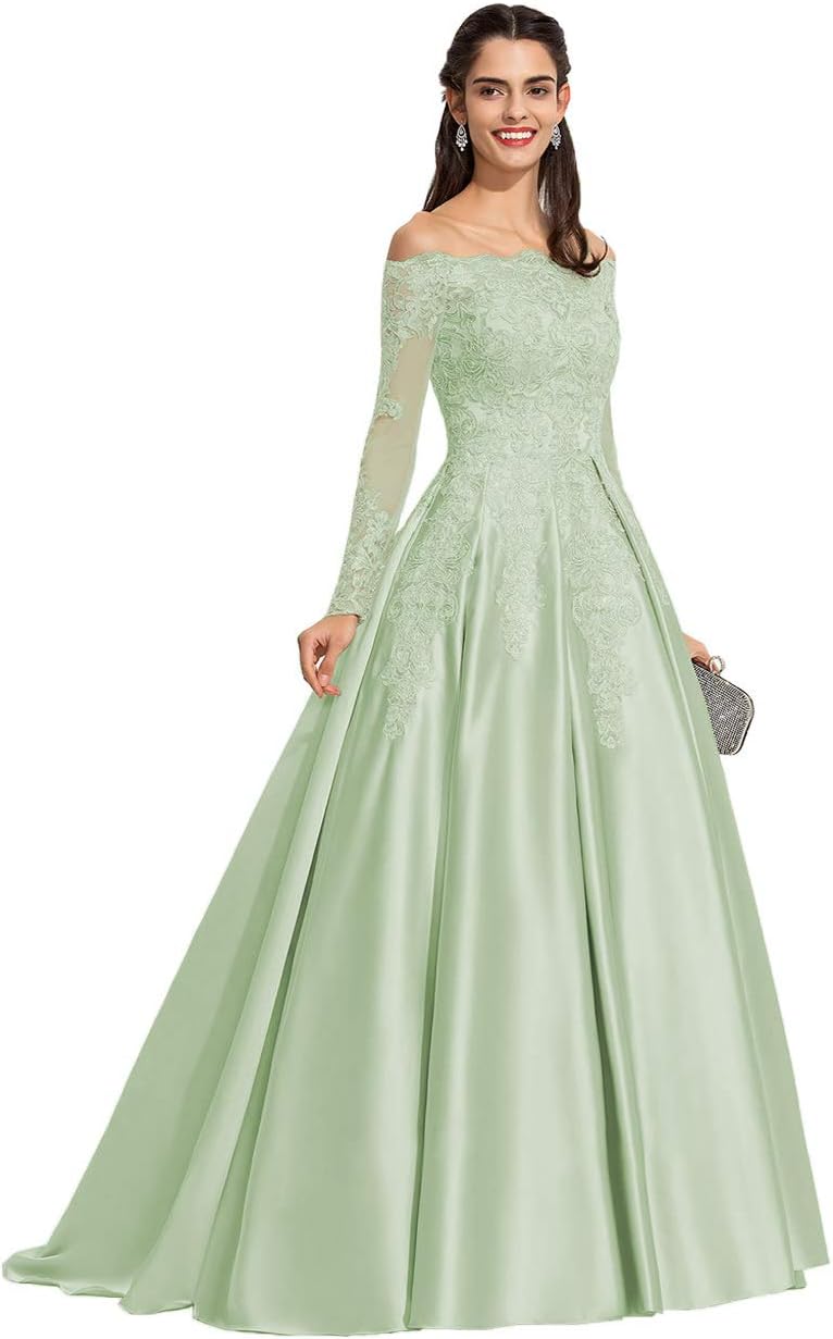 Vestidos de fiesta formales de satén con apliques de encaje y hombros descubiertos para mujer, con mangas largas