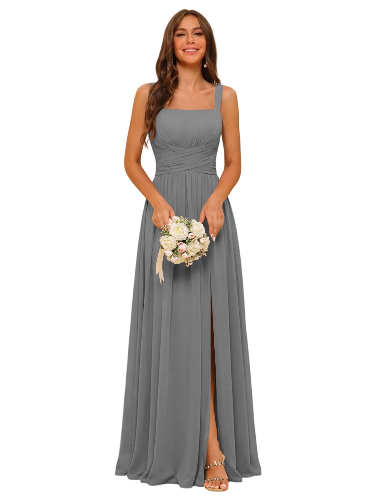 Square Neck Bridesmaid Dress Spaghetti Straps Chiffon Long Formal Dress for Women