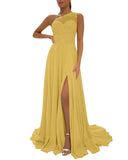 One Shoulder Chiffon Bridesmaid Dresses for Wedding 2026 Lace A-Line Slit Formal Evening Party Gown with Pockets