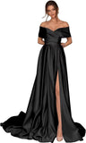 Women's Off Shoulder Long Prom Dresses with Slit 2025 Satin A-Line Sweetheart Corset Formal Evening Dresses with Pockets