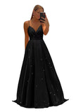 Women's Spaghetti Straps Prom Dresses Long V-Neck Sparkling Bridesmaid Dresses Formal Evening Gowns with High Slit