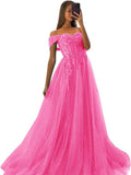 Off The Shoulder Tulle Prom Dresses 2027 Lace Applique A Line Long Sparkly Formal Evening Party Gowns