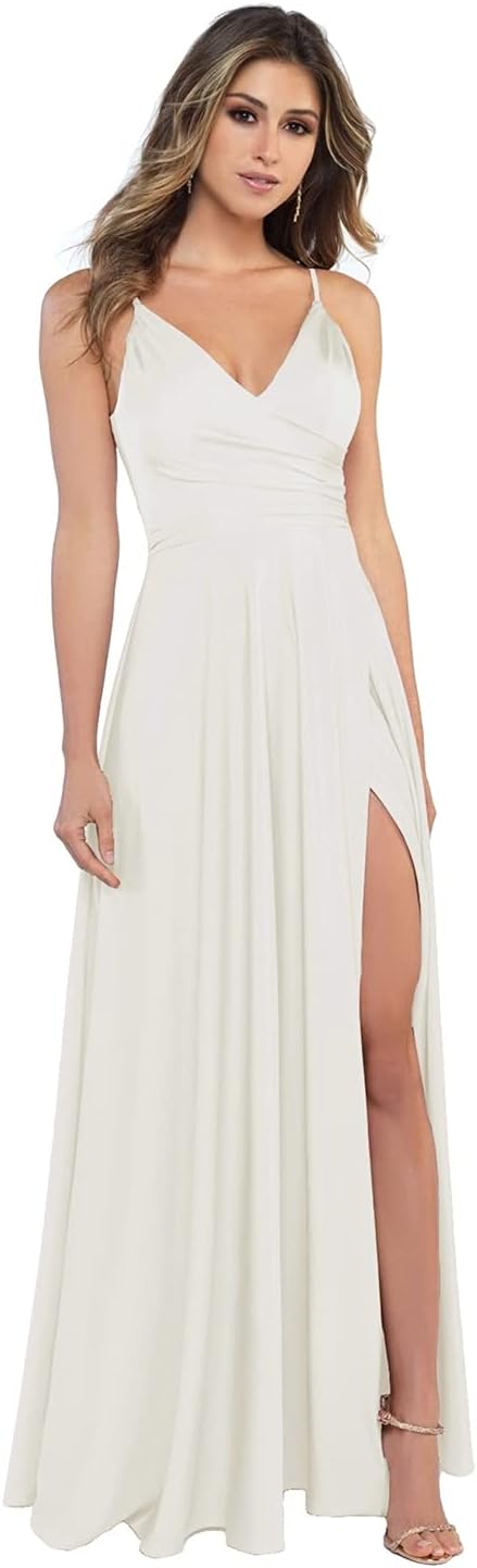 Damen-Brautjungfernkleider aus Satin mit V-Ausschnitt und Schlitz, Spaghettiträgern, formelle Ballkleider mit Taschen 