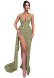 Sparkly Sequin Halter Prom Dresses for Women Mermaid Formal Dress with Slit Backless Ruched Evening Party Gowns