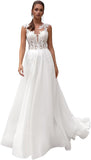 Kingbridal Gowns Lace Appliques Wedding Dresses for Bride Long V Neck Tulle Chiffon A-line Sleeveless Bridal Ball Gown for Women
