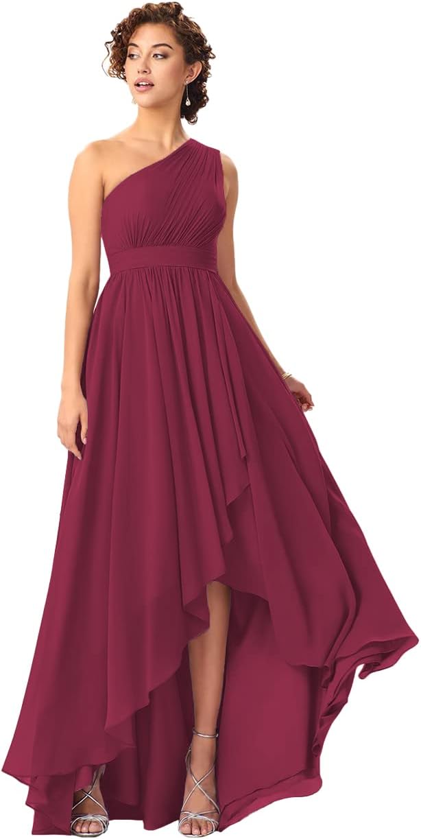 Women's One Shoulder Bridesmaid Dresses High Low Chiffon Formal Party Gowns with Pockets