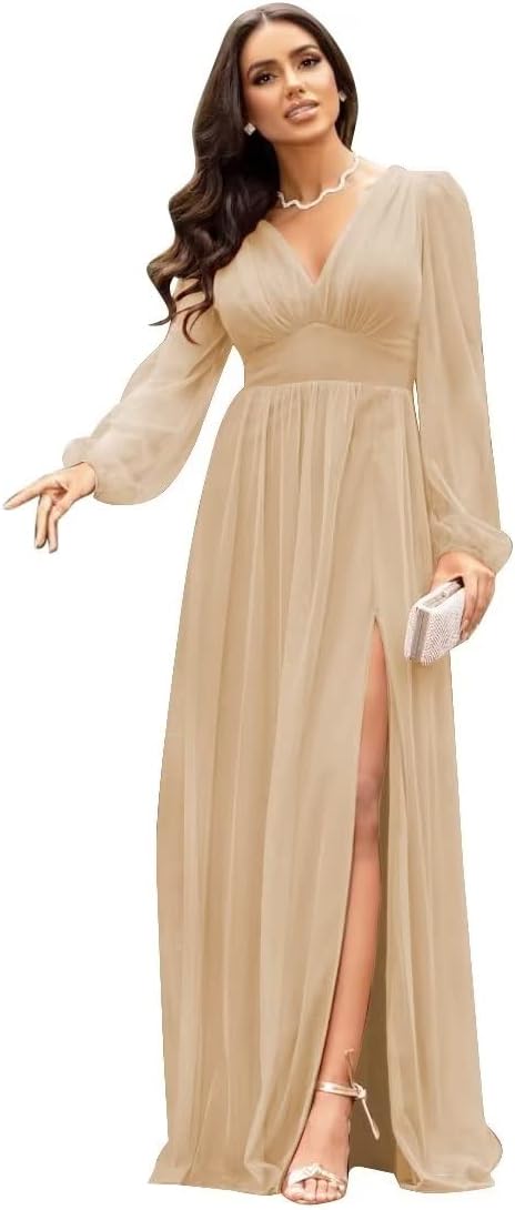 Langärmlige Brautjungfernkleider für Hochzeiten, V-Ausschnitt, formelles Kleid mit Schlitz, Chiffon-Ballkleid
