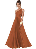 One Shoulder Bridesmaid Dresses for Women Chiffon A Line Pleated Long Formal Gowns with Pockets