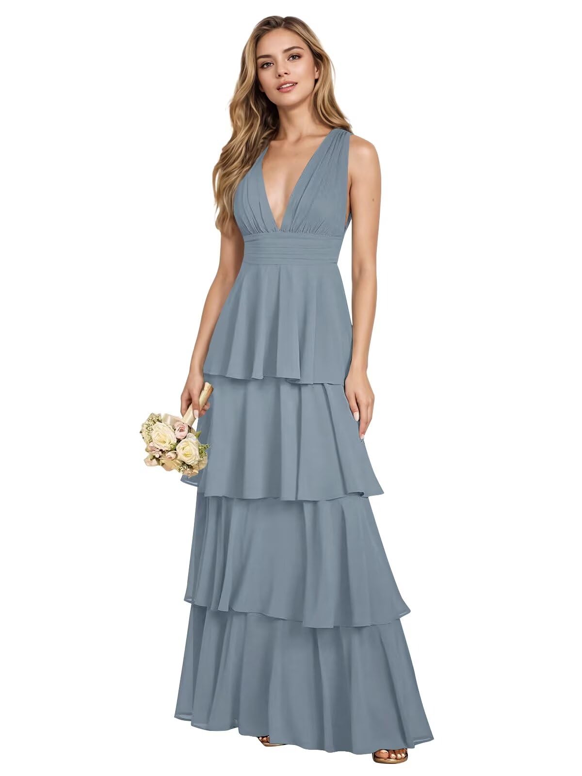 V Neck Chiffon Bridesmaid Dresses for Women 2027 Long Tiered A-Line Ruffles Formal Evening Party Dress