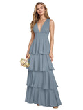 V Neck Chiffon Bridesmaid Dresses for Women 2027 Long Tiered A-Line Ruffles Formal Evening Party Dress