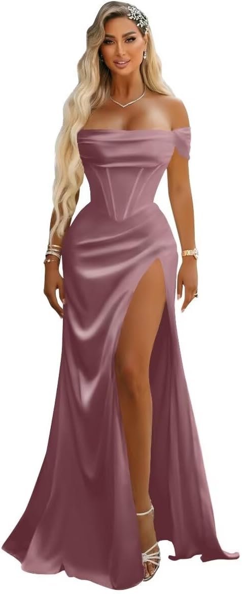 Off Shoulder Mermaid Prom Dresses with Slit 2027 Long Satin Pleated Formal Dress for Women Evening Party